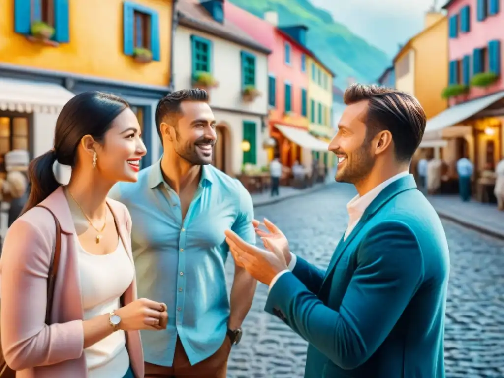 Una colorida ilustración detallada de personas conversando animadamente en una plaza de pueblo, reflejando las diferencias dialectales entre vecinos