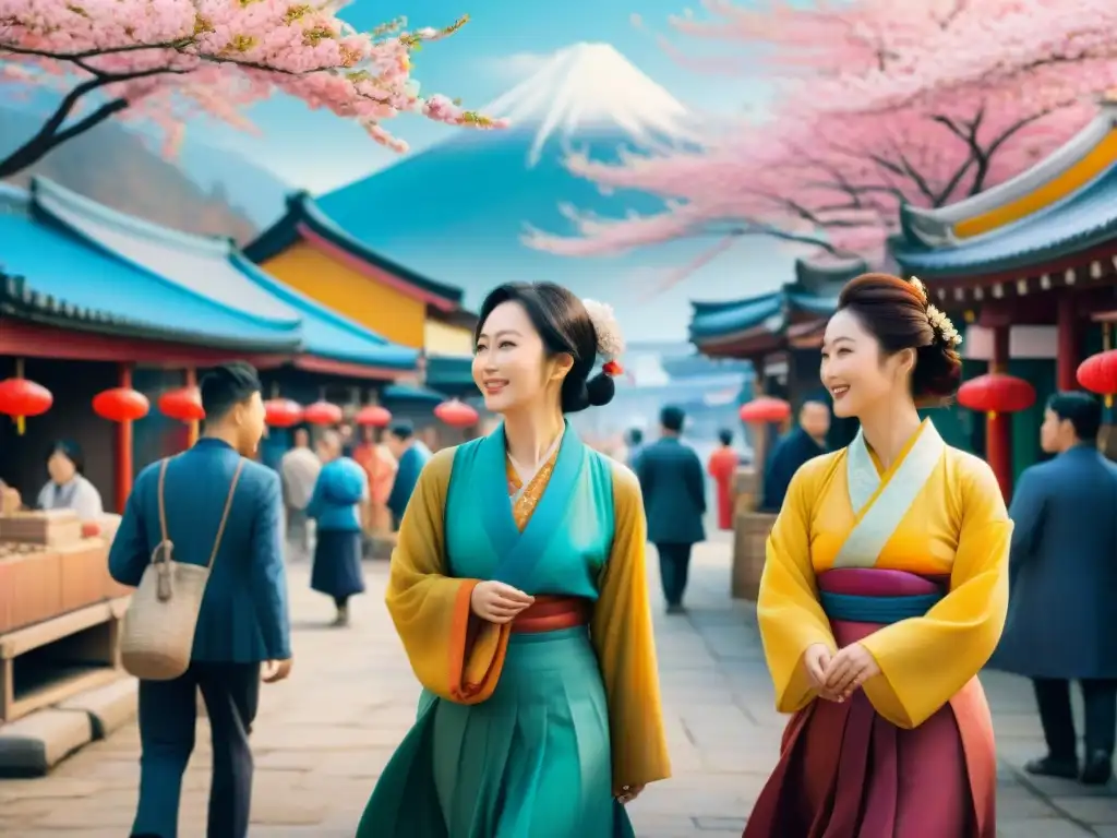 Una colorida escena de mercado en Japón y Corea, con variedades regionales japonés coreano