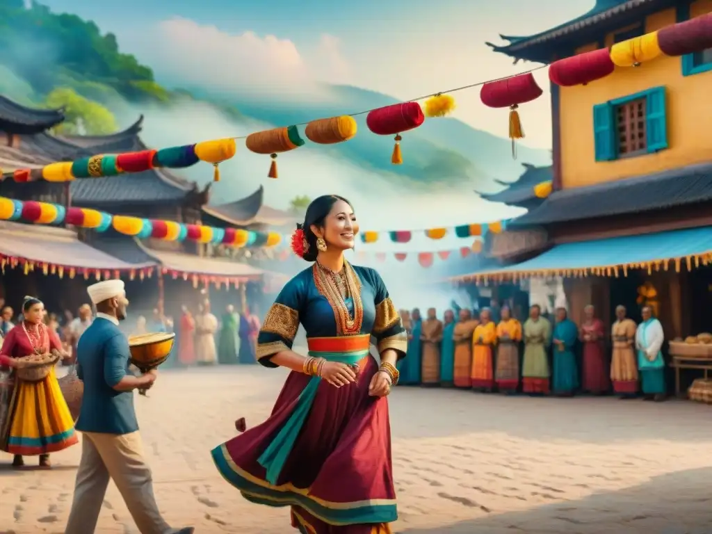 Escena festiva multicultural: pintura acuarela vibrante Celebración colorida de festivales, lenguas y culturas minoritarias vivas