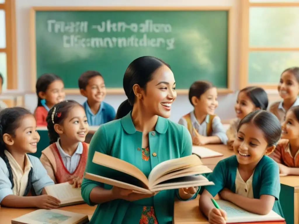 Colorida ilustración acuarela de niños de diversas culturas en alegre intercambio lingüístico en escuela