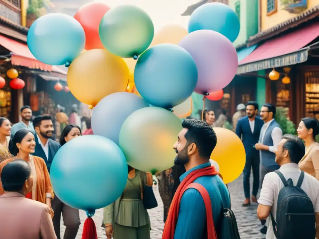 Colorida ilustración acuarela de personas diversas en un mercado vibrante, resaltando la importancia de la diversidad cultural y lenguas locales