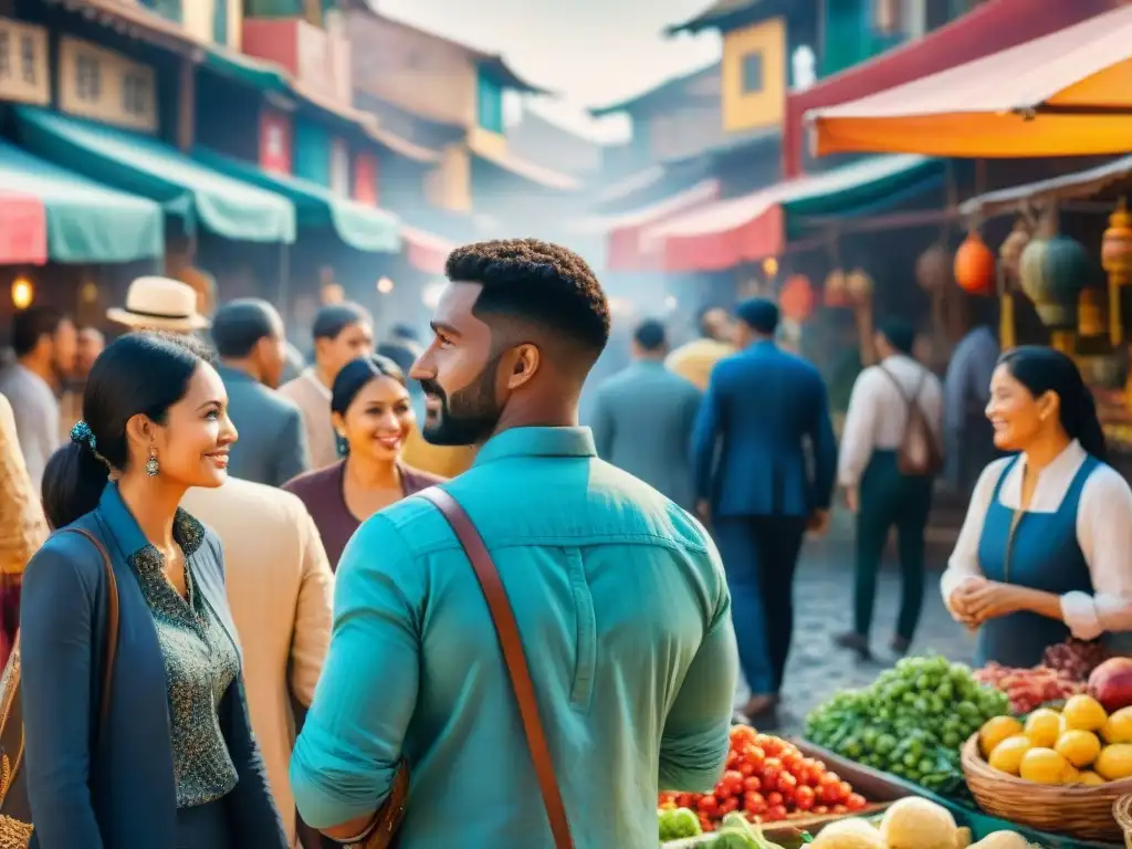 Una colorida pintura acuarela que celebra la diversidad cultural y la preservación lingüística en un animado mercado internacional