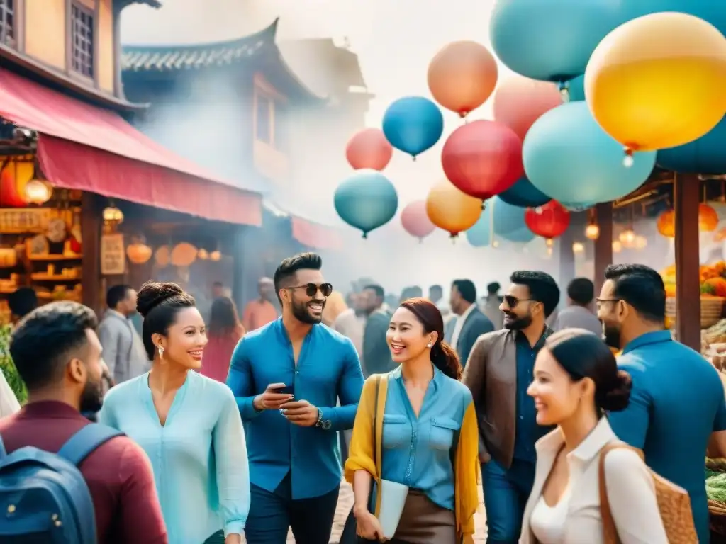 Una colorida pintura acuarela que muestra la riqueza lingüística y cultural mundial, con diversas personas dialogando en un bullicioso mercado