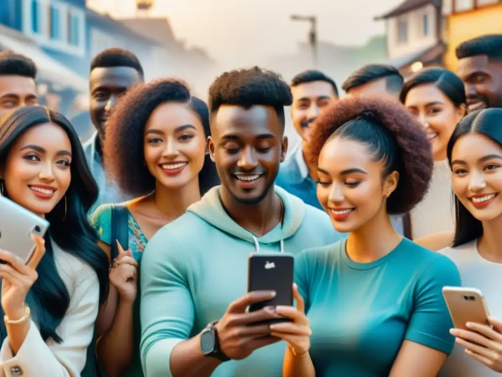 Una colorida pintura al agua de personas diversas conectadas en redes sociales