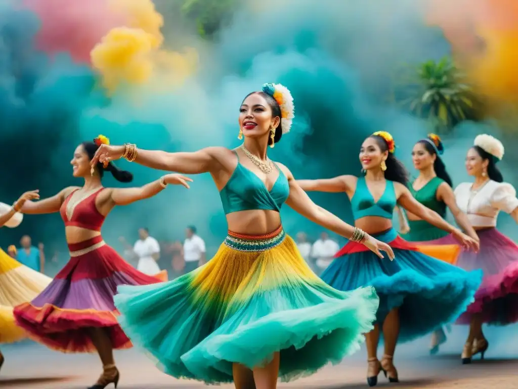 Un colorido cuadro de acuarela con bailarines de festivales de danzas, representando la diversidad lingüística de Latinoamérica