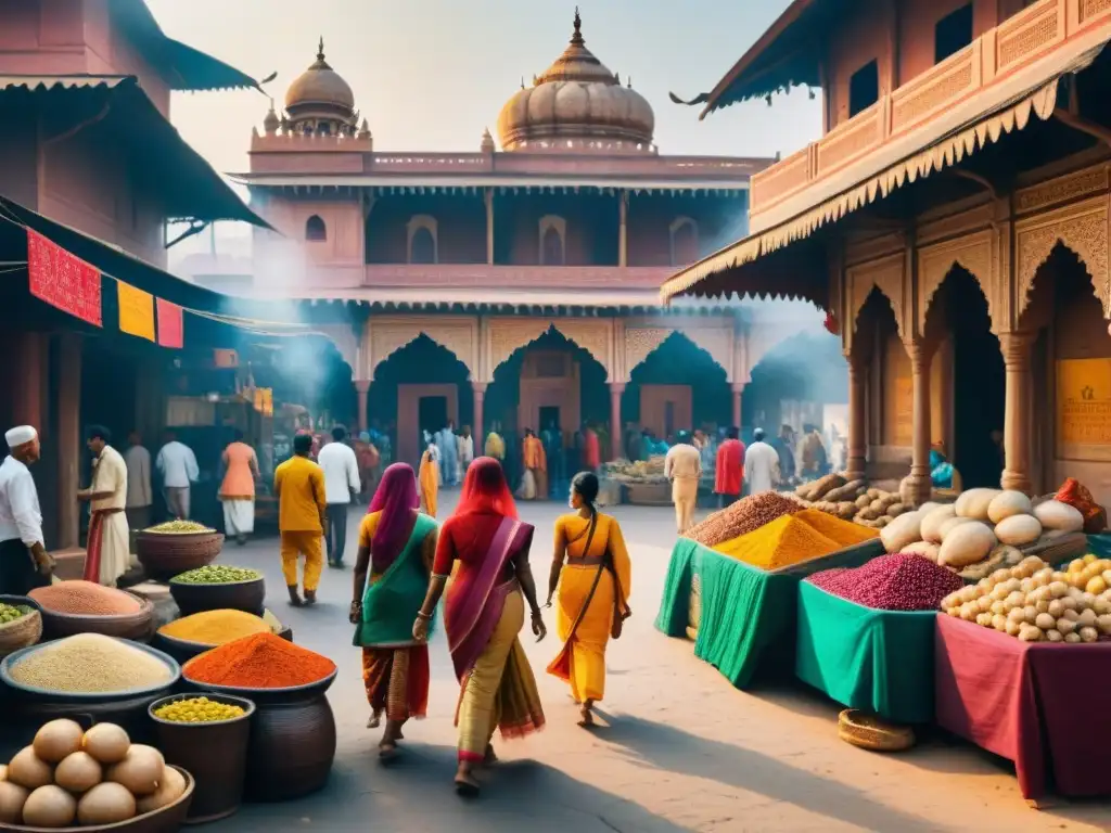 Un colorido mercado indio rebosante de vida, reflejando la riqueza cultural de India con danzas tradicionales y puestos de mercado