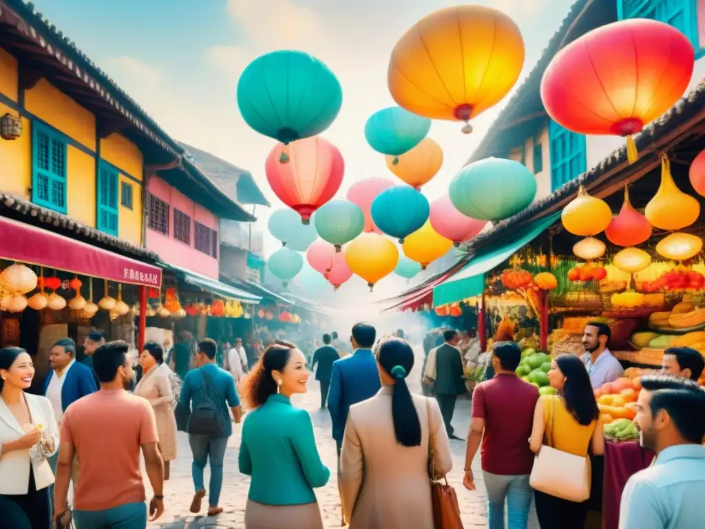 Un colorido mercado con personas de diversas culturas conversando y traduciendo modismos, creando un ambiente de intercambio cultural y lingüístico