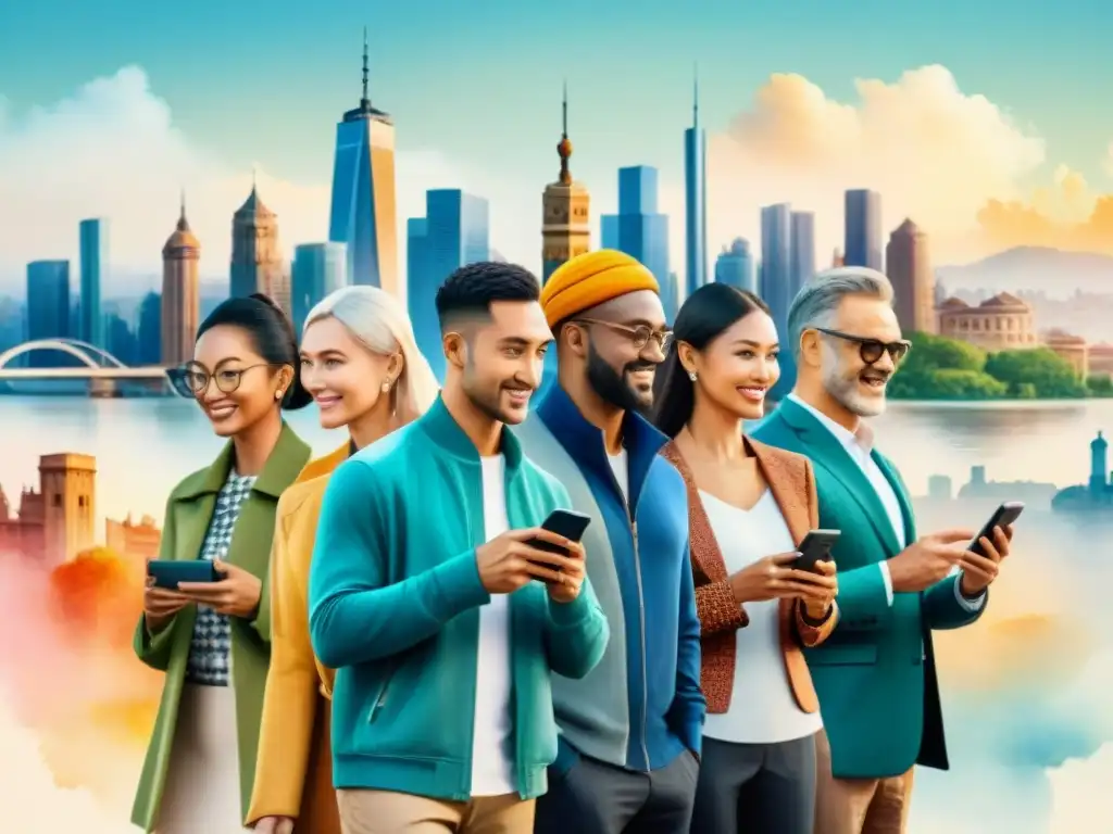 Un colorido mural de personas diversas con smartphones y una ciudad multicultural