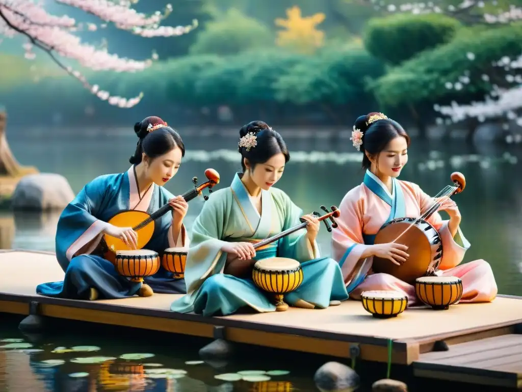 Concierto japonés y coreano en escenario sereno rodeado de flores, unidos por la música