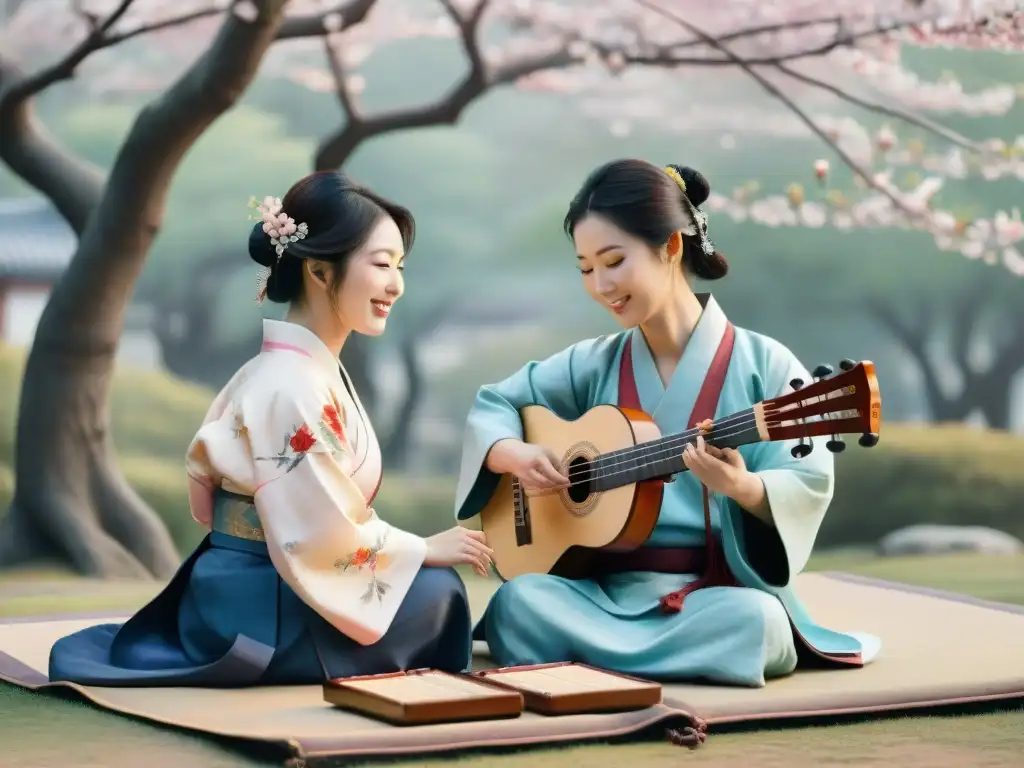 Conmovedora pintura acuarela muestra músicos japoneses y coreanos intercambiando sonrisas, rodeados de flores