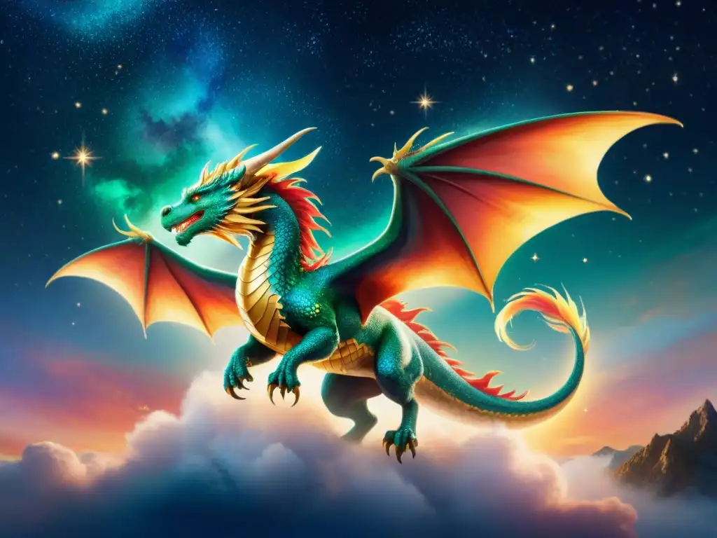 Una criatura mítica mitad dragón mitad fénix surca el cielo estrellado, exudando misterio y asombro