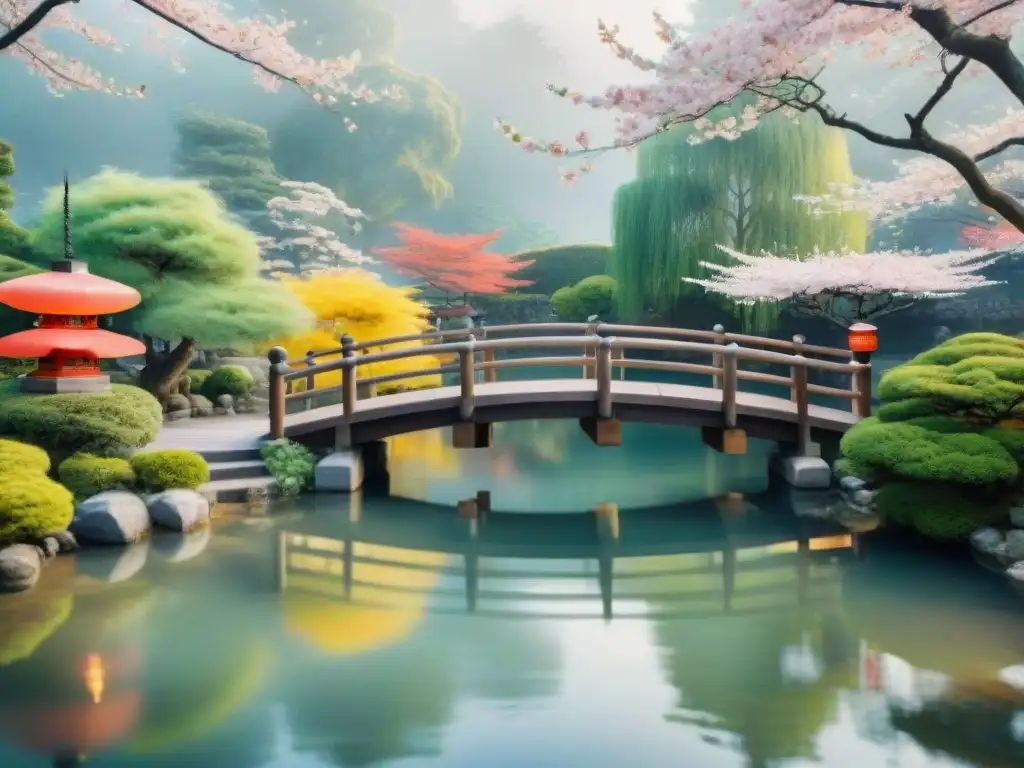 Cuadro acuarela de jardín japonés: cerezos, puente, pagoda, peces koi y faroles