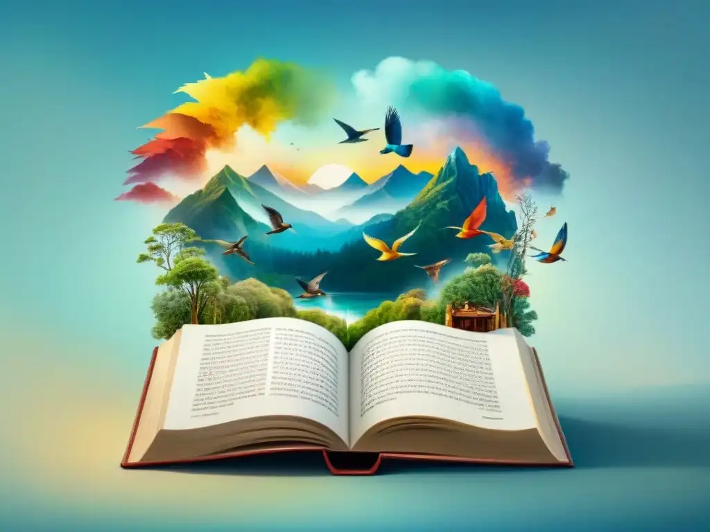 Un cuadro acuarela detallado que muestra diversas culturas unidas alrededor de un libro ornamental, con páginas que se transforman en aves coloridas