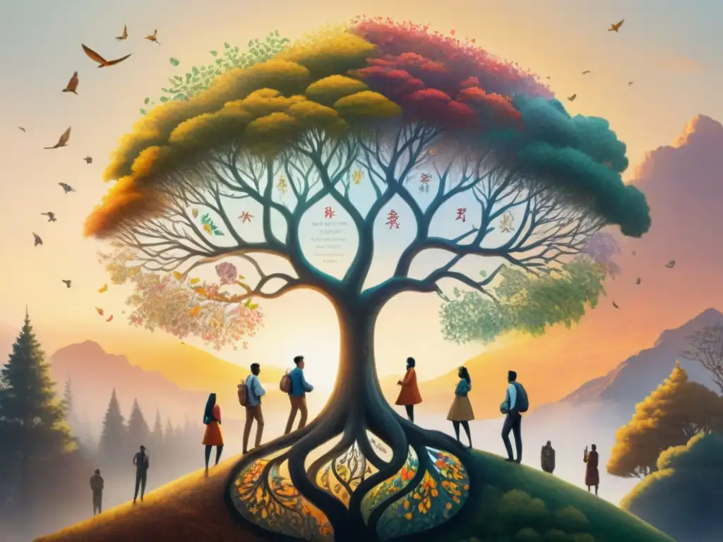 Un cuadro acuarela detalla diversidad cultural con árbol de lenguas
