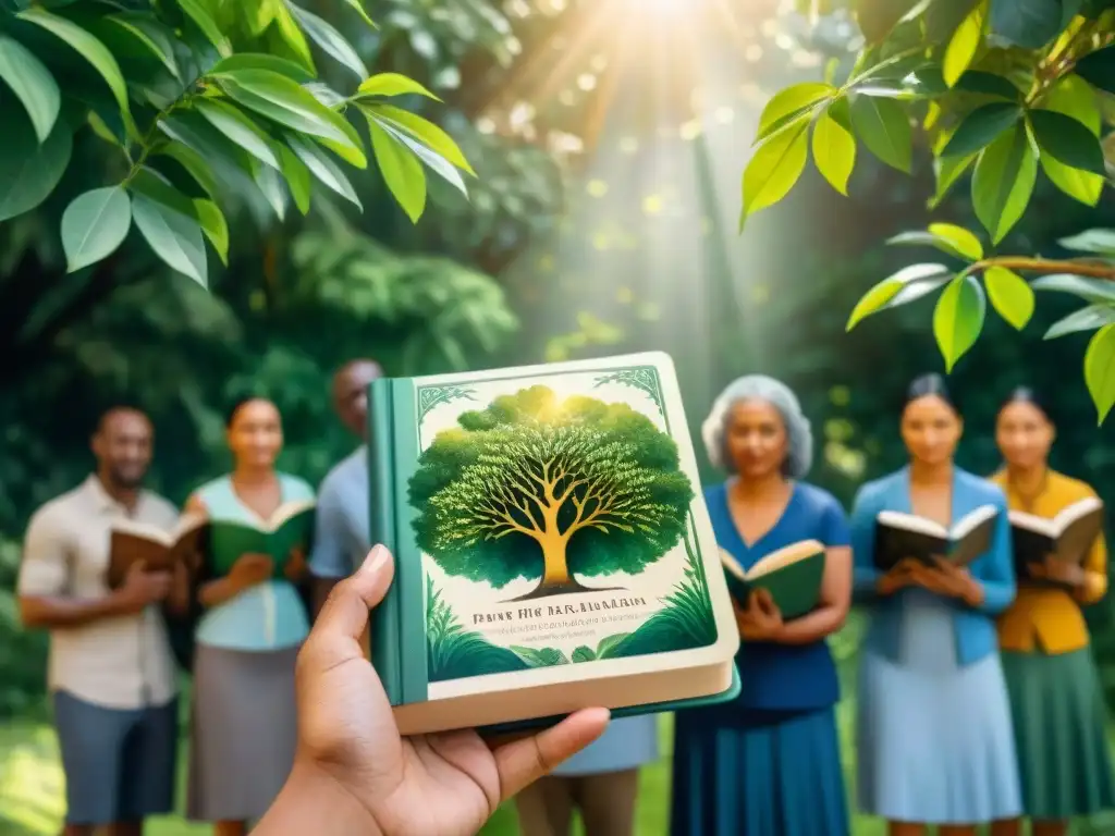 Un cuadro acuarela detalla grupo cultural leyendo poesía, celebrando diversidad y unidad