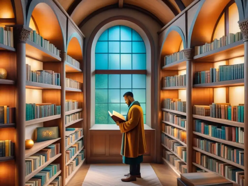 Un cuadro de acuarela muestra a personas diversas leyendo en un idioma antiguo en una biblioteca serena