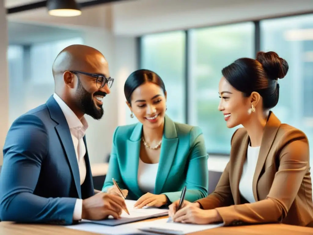 Cuadro acuarela de profesionales multilingües colaborando en oficina moderna