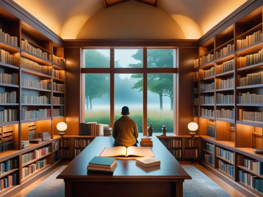 Un cuadro acuarela sereno de una biblioteca tranquila al atardecer, con luz dorada iluminando libros en estantes de madera