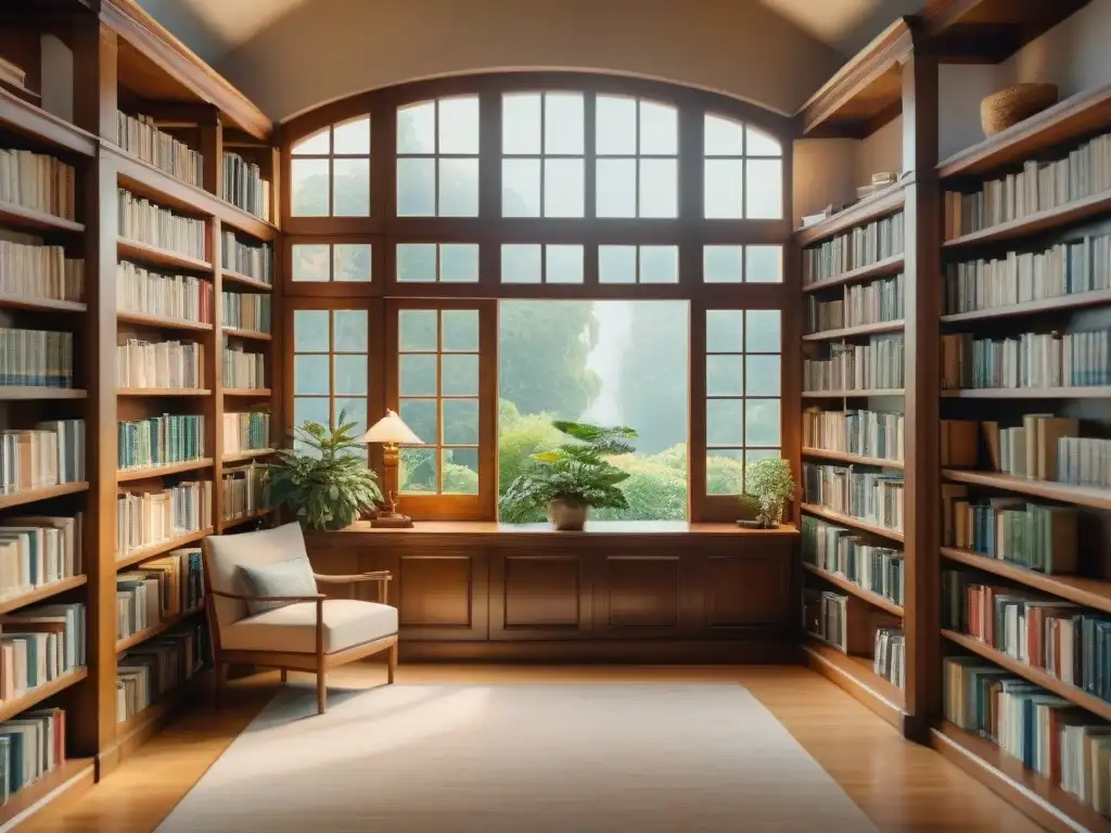 Un cuadro acuarela sereno de una biblioteca llena de libros en varios idiomas, con una gran ventana mostrando un jardín tranquilo afuera