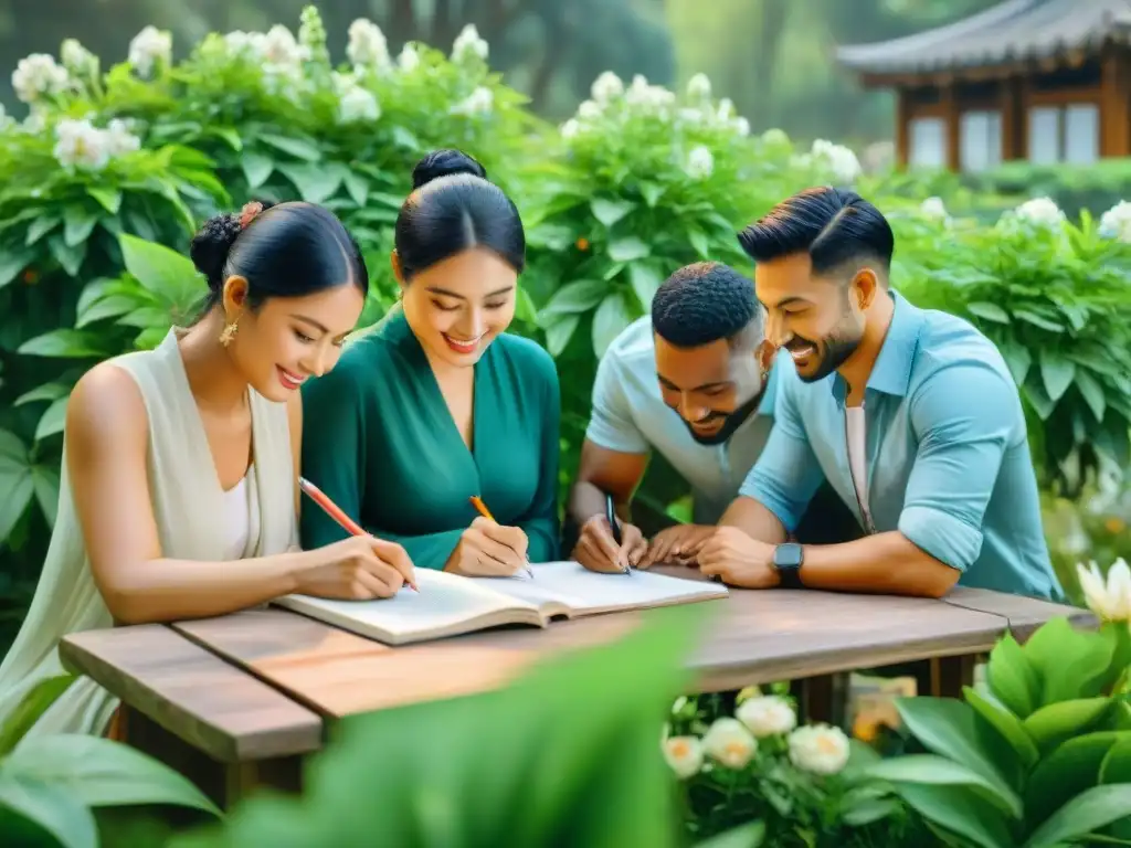 Un cuadro acuarela sereno muestra diversidad cultural y revitalización de dialectos con escritura digital entre flores y vegetación exuberante