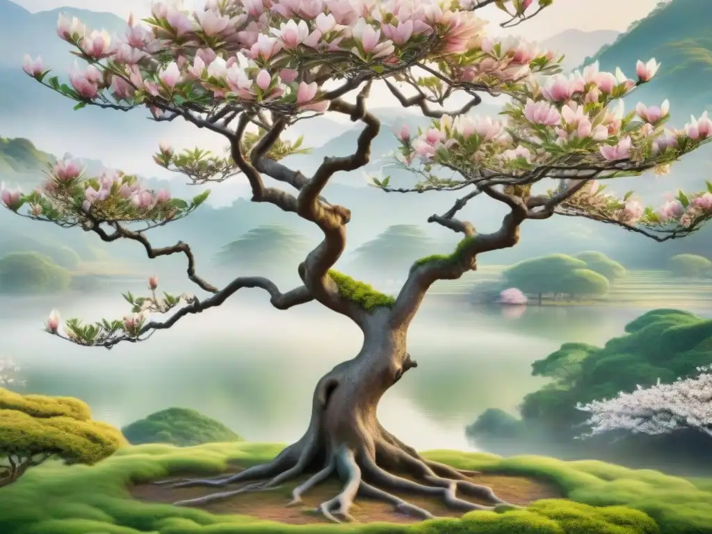 Un cuadro de acuarela mostrando un sereno escenario con un cerezo y magnolia, simbolizando las palabras similares japonés coreano