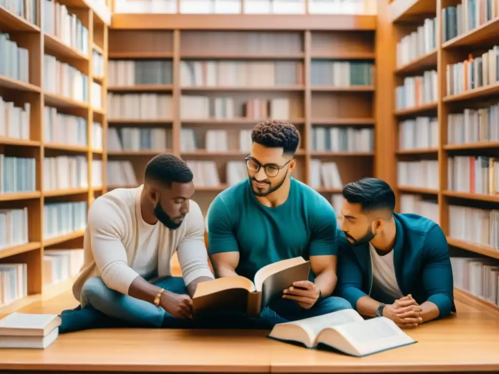 Un cuadro acuarela sereno de personas diversas alrededor de un libro multilingüe en una biblioteca soleada