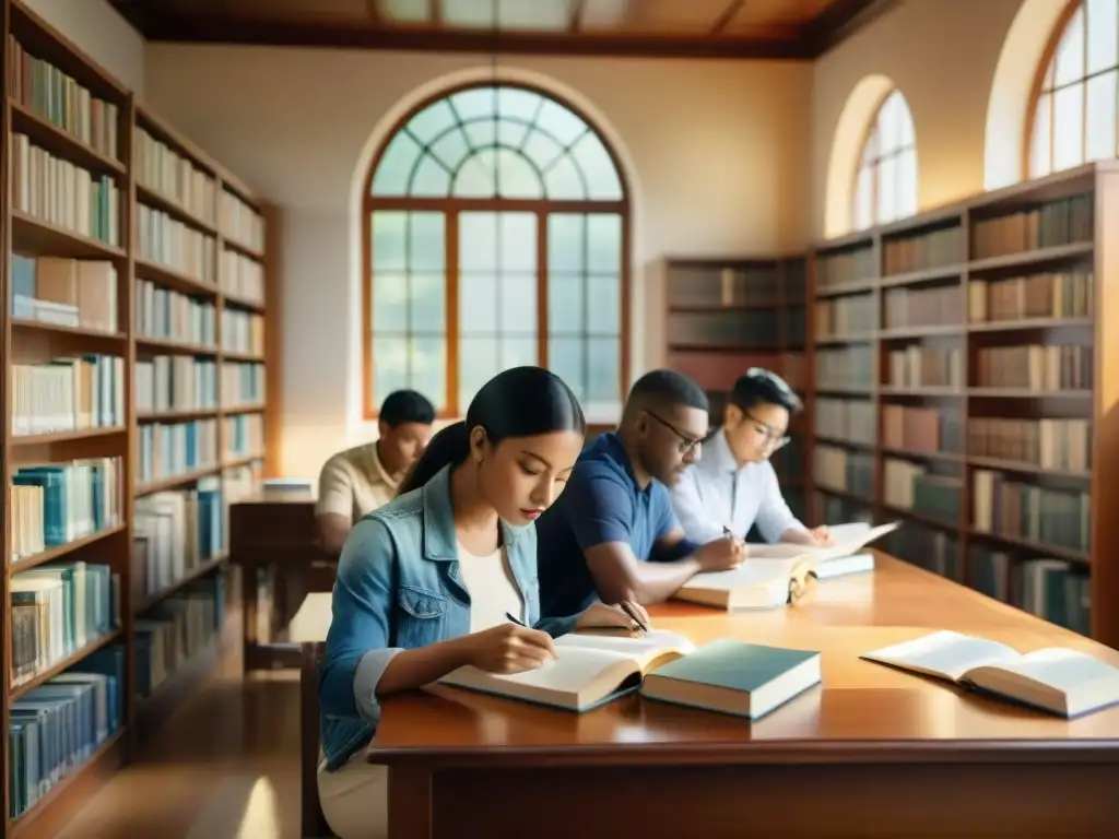 Un cuadro detallado en acuarela de estudiantes concentrados en la preparación de su examen lingüístico en una biblioteca serena con luz solar