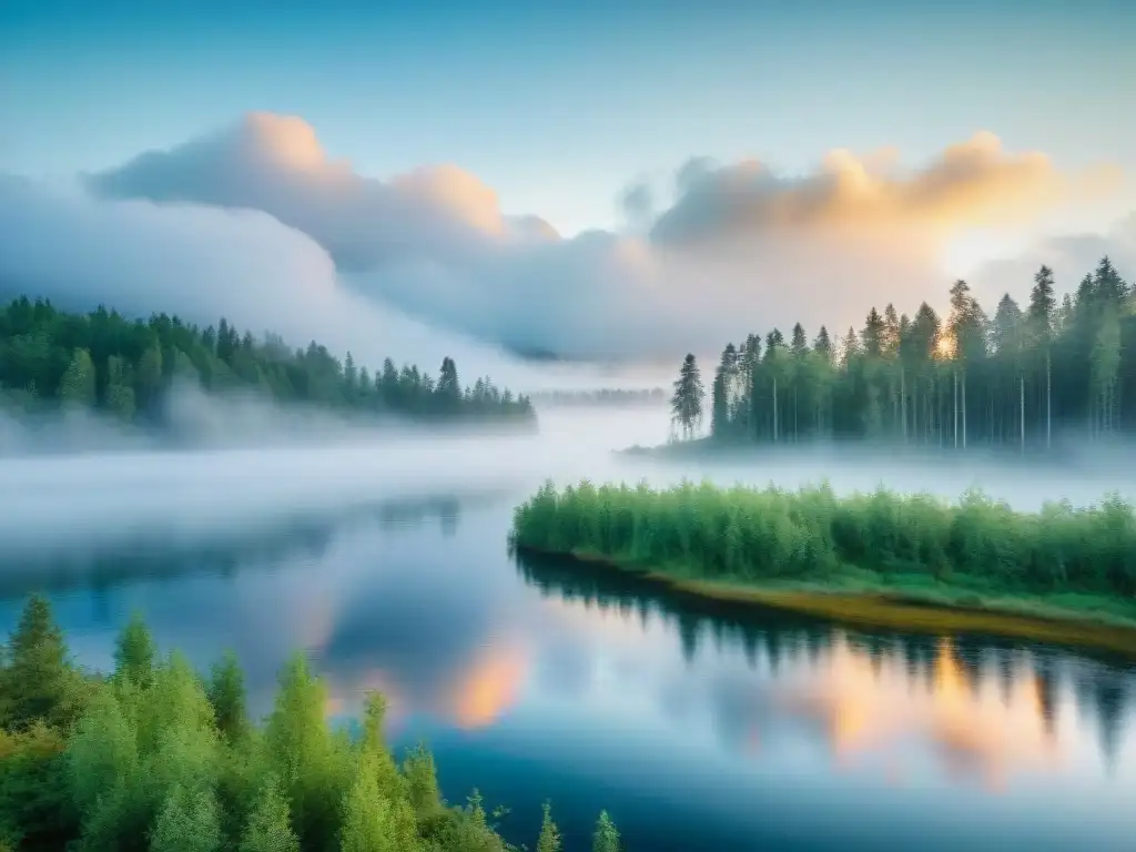 Cuadro sereno de un paisaje finlandés con el sol de medianoche, lago y cabaña