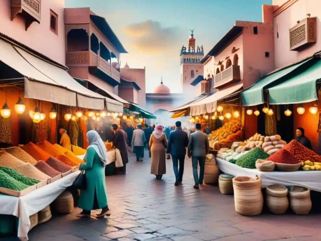 Inmersión cultural árabe Marrakech: Ilustración acuarela de bullicioso zoco, colores vibrantes y arquitectura marroquí