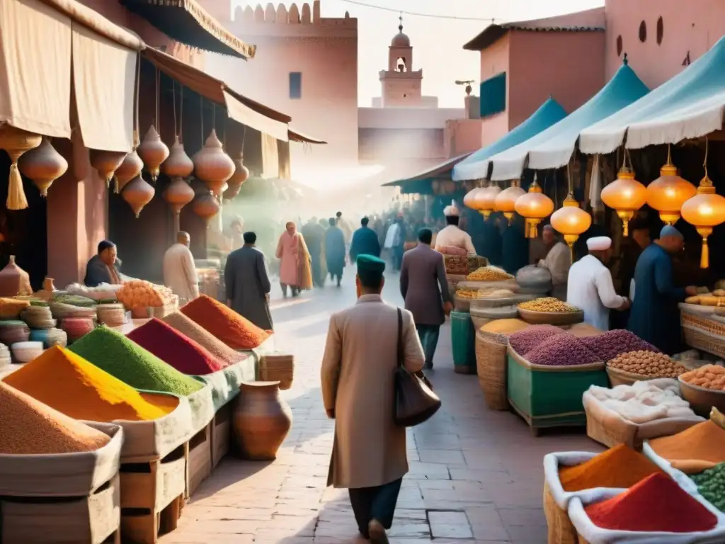 Inmersión cultural árabe Marrakech: Ilustración acuarela detallada de un bullicioso zoco en Marrakech con colores vibrantes y gente animada