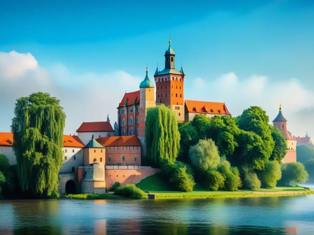 Exploración cultural de la historia de Cracovia, Polonia: majestuoso Castillo de Wawel en acuarela con exuberante vegetación y cielo azul vibrante