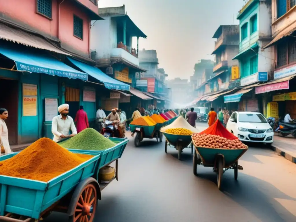 Inmersión cultural hindi en Nueva Delhi: ilustración acuarela de bulliciosa calle con arquitectura tradicional y coloridos saris