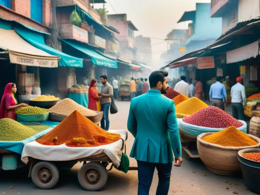 Inmersión cultural hindi en Nueva Delhi: ilustración detallada de una bulliciosa calle llena de colores vibrantes y energía gastronómica