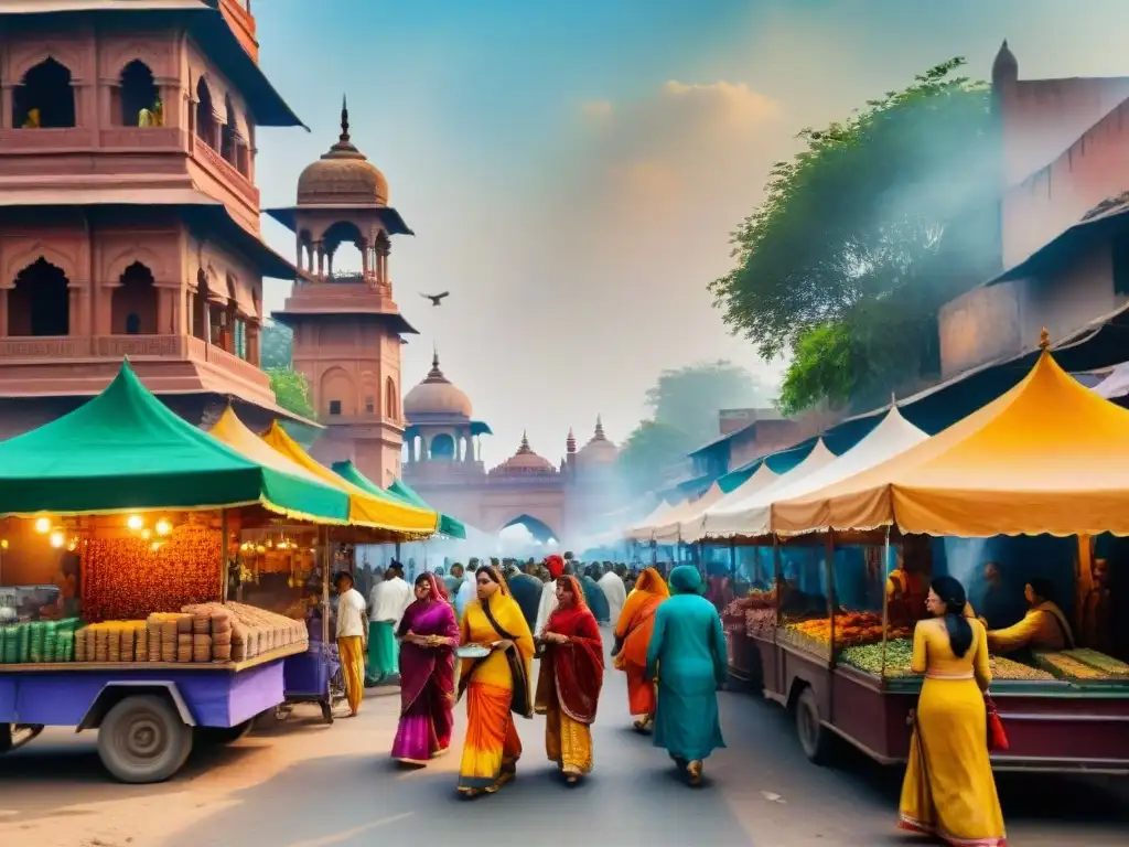 Inmersión cultural hindi en Nueva Delhi: acuarela detallada de bulliciosas calles con colores vibrantes, arquitectura e interacción cultural