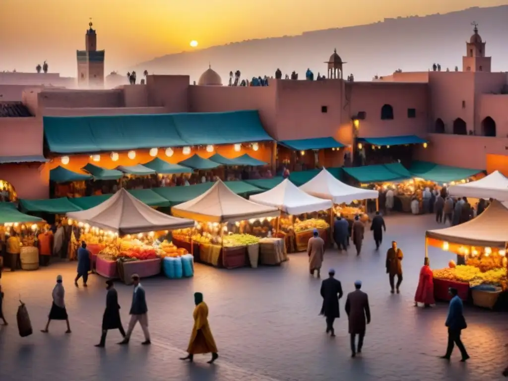 Inmersión cultural árabe Marrakech: Pintura acuarela detallada de la bulliciosa plaza Jemaa elFnaa al atardecer