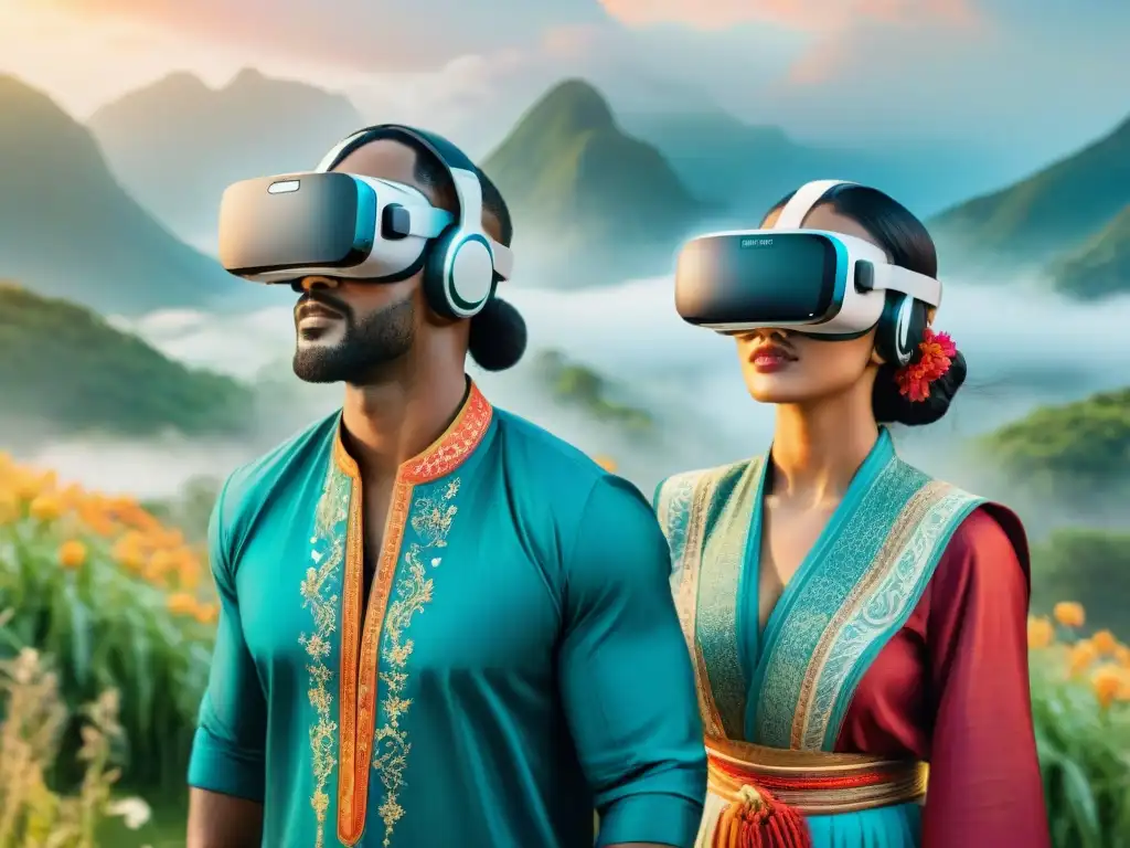 Inmersión cultural con realidad virtual: Ilustración acuarela de grupo diverso en trajes tradicionales, reunidos alrededor de visor VR