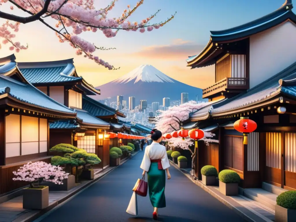 Exploración cultural a través del japonés: Detallada escena de Tokio con linternas, kimonos, sakuras, rascacielos y el Monte Fuji al atardecer