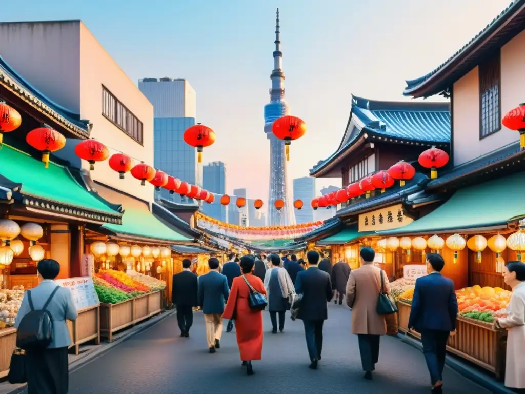 Exploración cultural a través del japonés: Ilustración detallada de un bullicioso barrio de Tokio con calles estrechas y faroles tradicionales