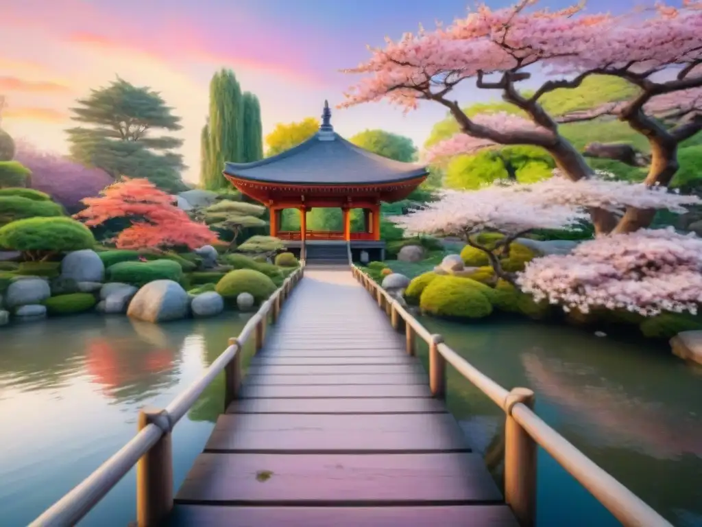 Exploración cultural a través del japonés: Pintura detallada de jardín japonés con cerezos en flor, puente de madera y pagoda al atardecer