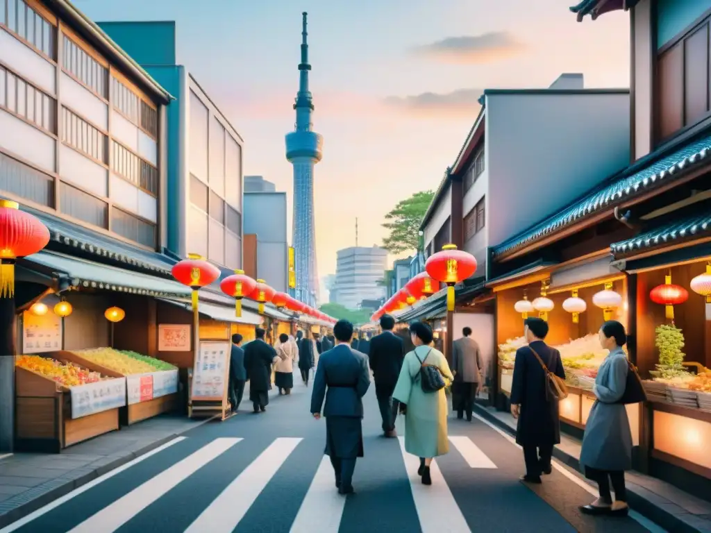 Exploración cultural a través del japonés: Pintura acuarela detallada de una bulliciosa calle de Tokio con edificios tradicionales y locatarios