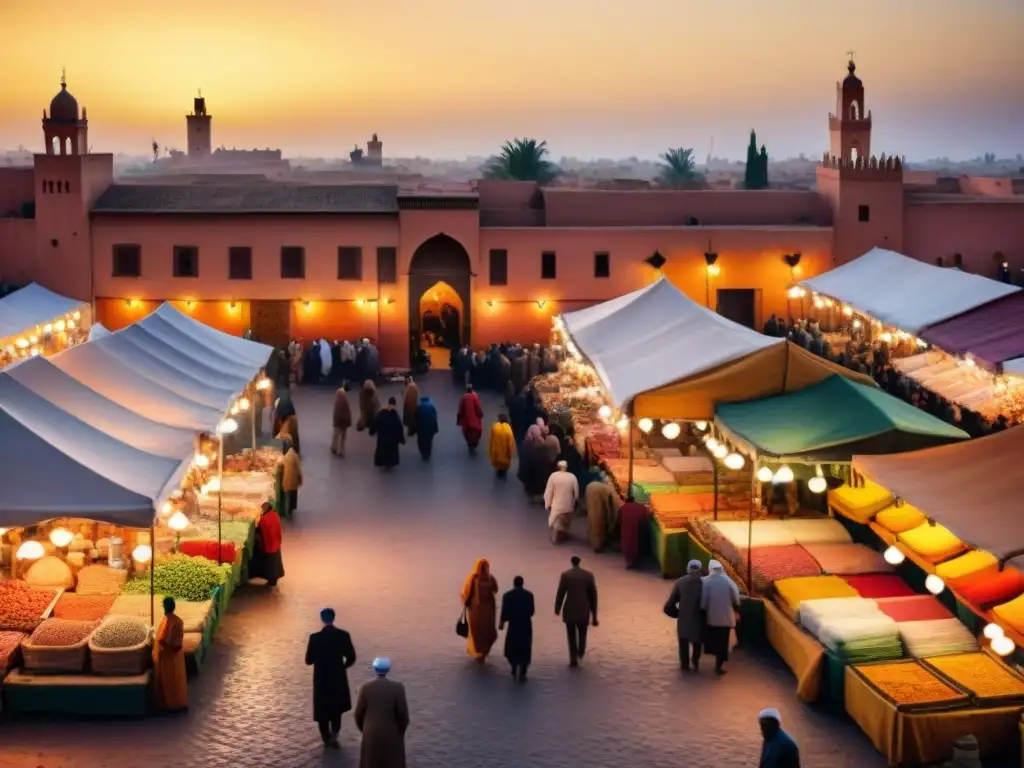 Inmersión cultural árabe en Marrakech: un vibrante mercado lleno de textiles, especias y artesanías, bajo la cálida luz del atardecer