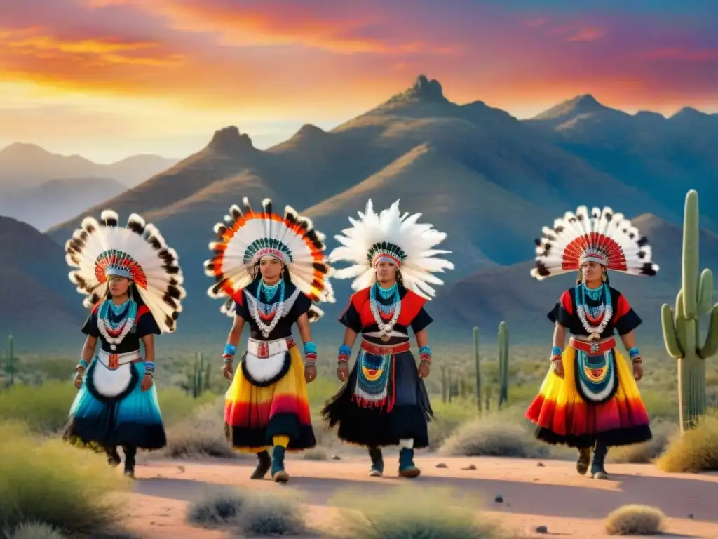 Danza ceremonial de los Yaqui con trajes tradicionales, en un paisaje desértico al atardecer