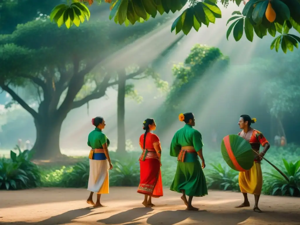 Una danza tradicional del pueblo Chontal de Tabasco bajo ceibas centenarias, resaltando su colorida vestimenta y cultura