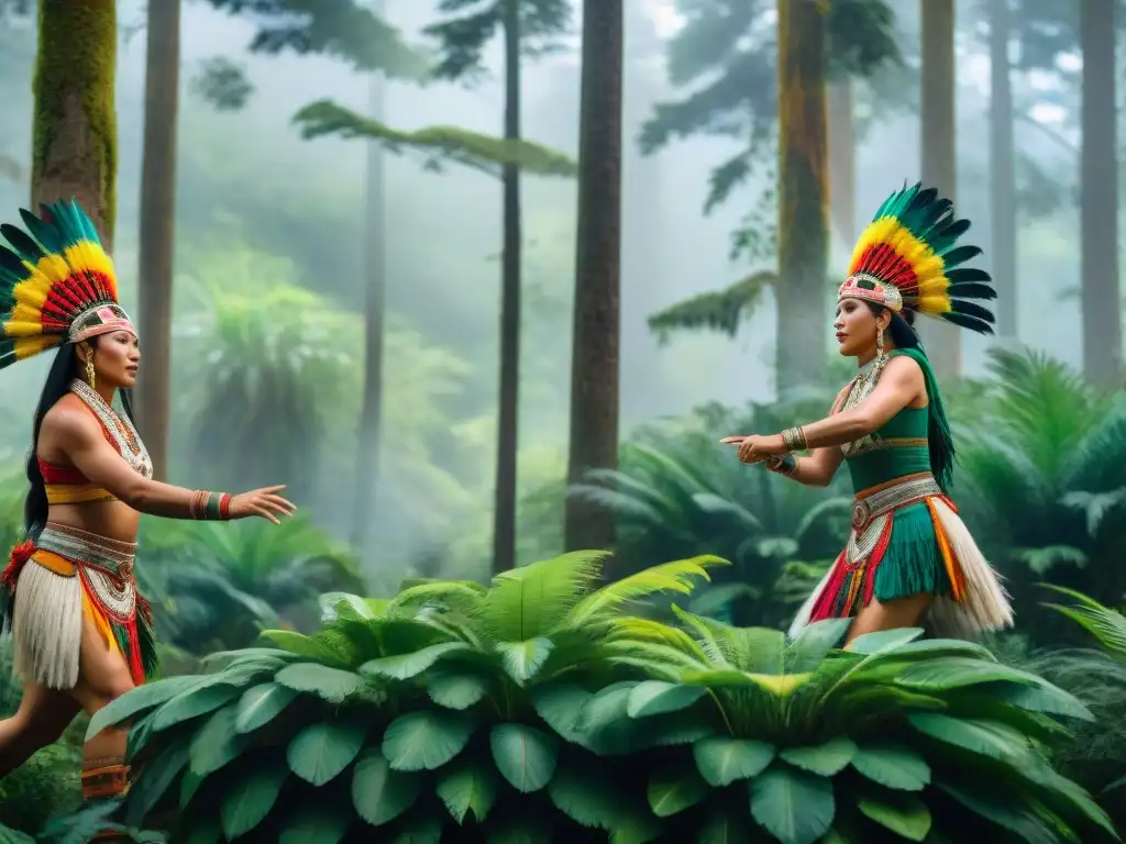 Danza tradicional P'urhépecha en la selva Una danza tradicional P'urhépecha en un bosque verde, con bailarines adornados y flora nativa