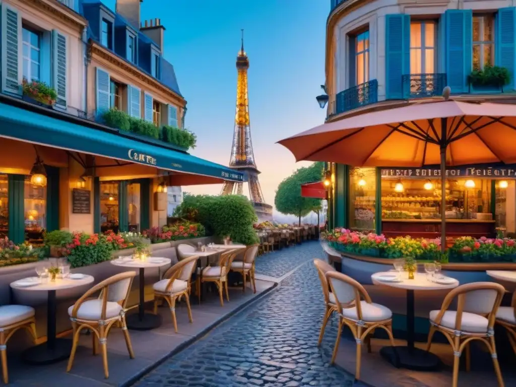 Un delicado cuadro acuarela de un sereno café parisino con encanto francés, mesas de hierro forjado y vista de la Torre Eiffel al atardecer