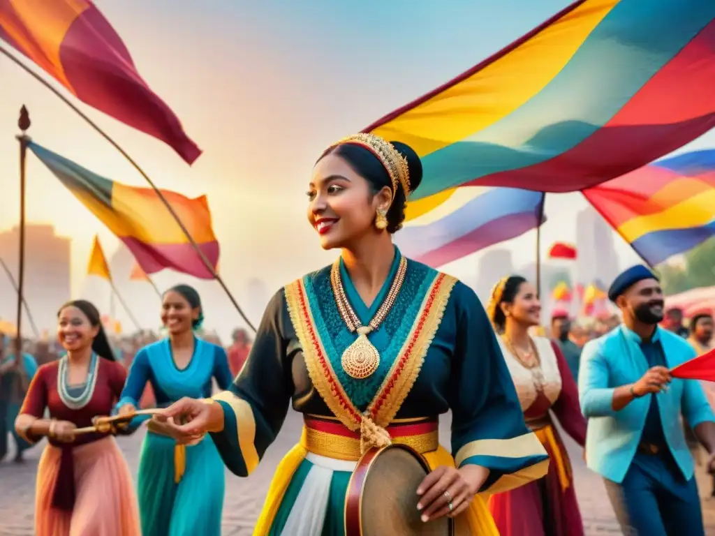 Un desfile cultural vibrante y diverso con personas de todas las edades y etnias celebrando la diversidad lingüística alrededor