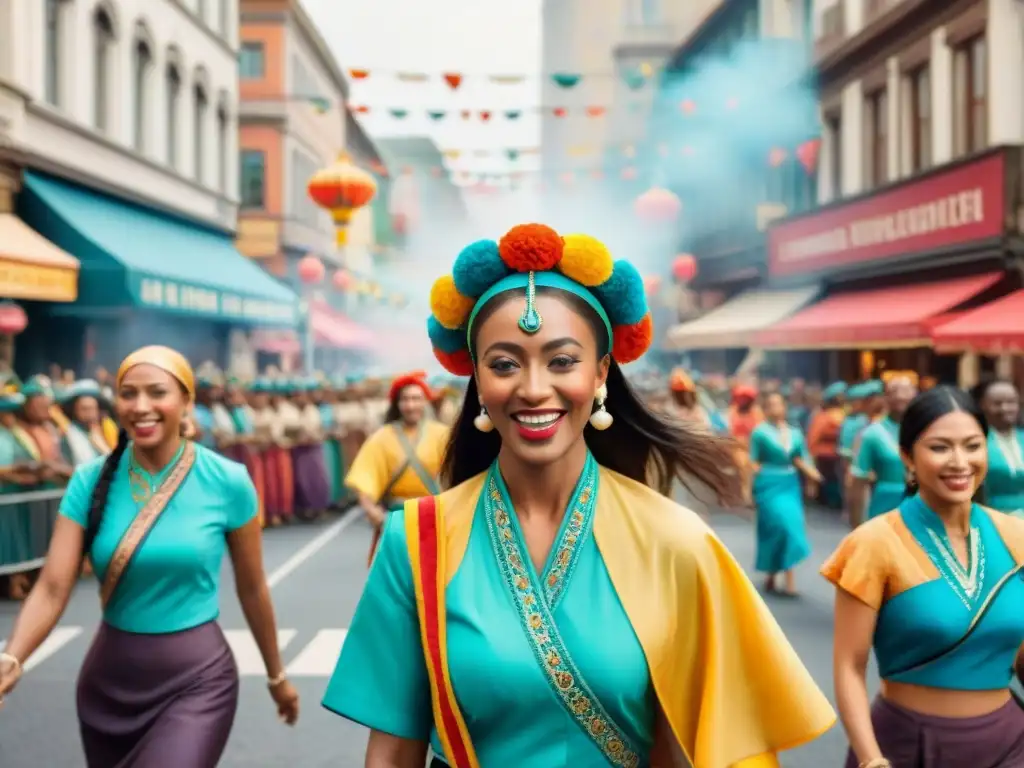 Desfile multicultural en la ciudad con trajes tradicionales y música alegre, celebrando la diversidad en festivales lingüísticos riqueza cultural