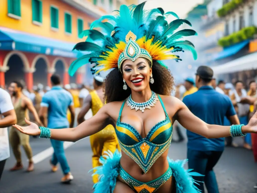 Deslumbrante pintura acuarela de un bullicioso desfile en Río de Janeiro durante el Carnaval