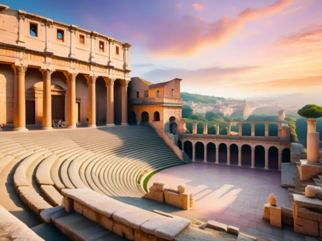 Detallada acuarela de anfiteatro romano al atardecer, con tonos pasteles creando atmósfera mística