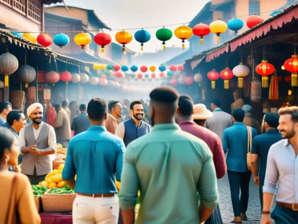 Ilustración detallada en acuarela de un animado mercado multicultural con personas de diversas culturas conversando en distintos dialectos